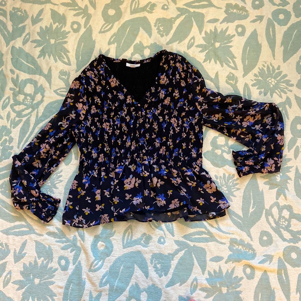 Sz XL Extra Large Bar III Ruched Long Sleeve Blouse Black Blue Pink Pattern Boho